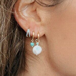 Beautiful Pearl & turquoise Huggie Earrings Gold & Baroque Pearl Hoop earrings